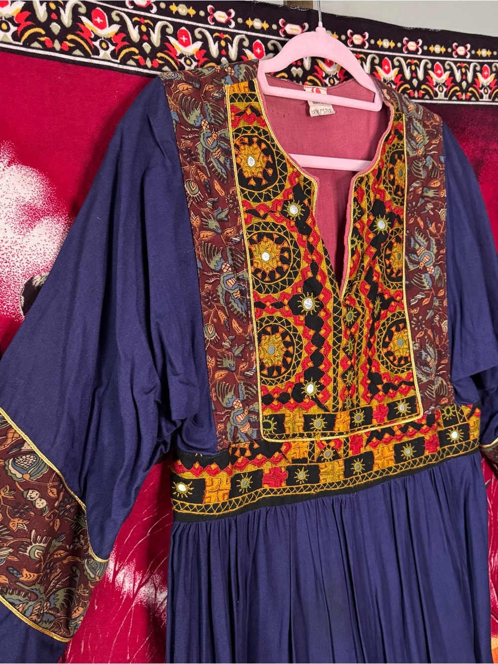 AMAZING 70s embroidered dress w/ bell sleeves and mirror details - Picture 2 of 11